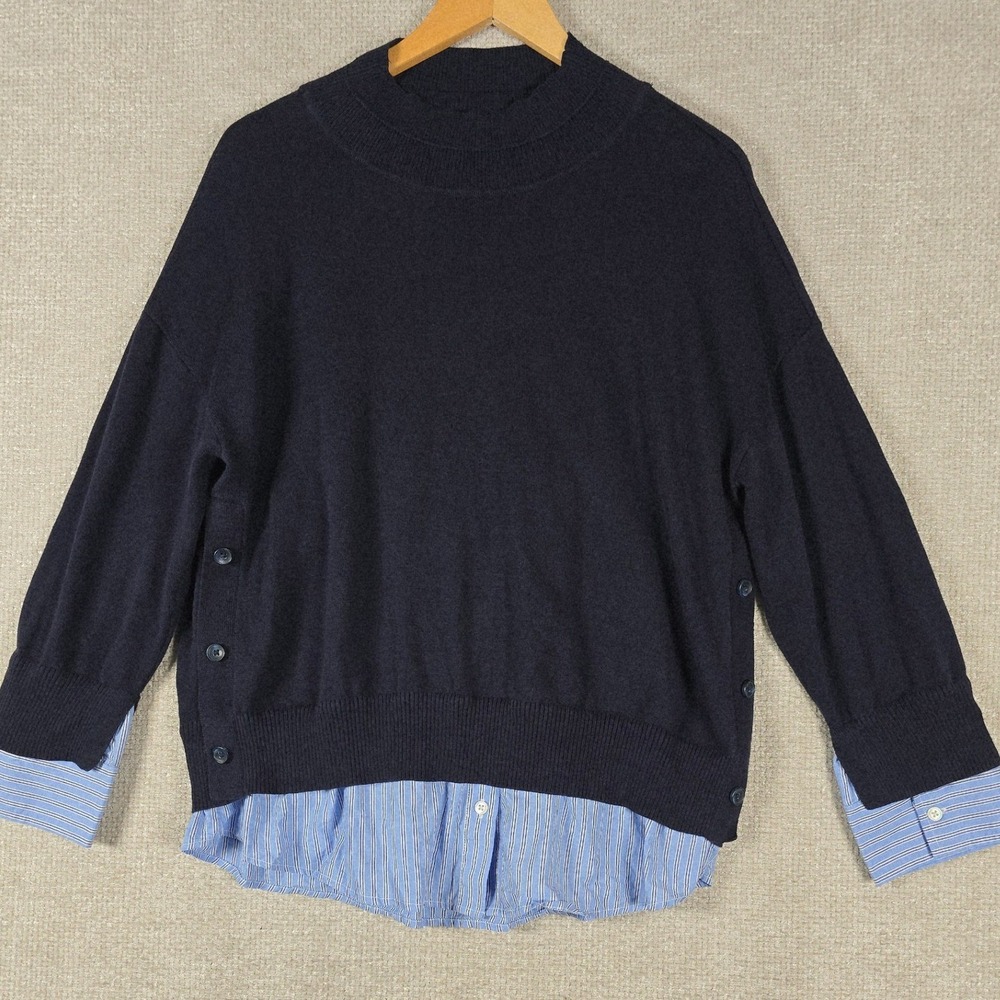 Talbots Plus Navy Layered Look Sweater 1X Side Button Striped Hem Mixed Media